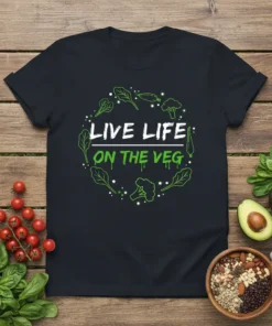 Black t-shirt with "LIVE LIFE ON THE VEG" text surrounded by green vegetables and broccoli graphics