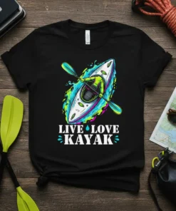 Live Love Kayak T-Shirt with graphic of a kayaker paddling in water, white text with blue accents