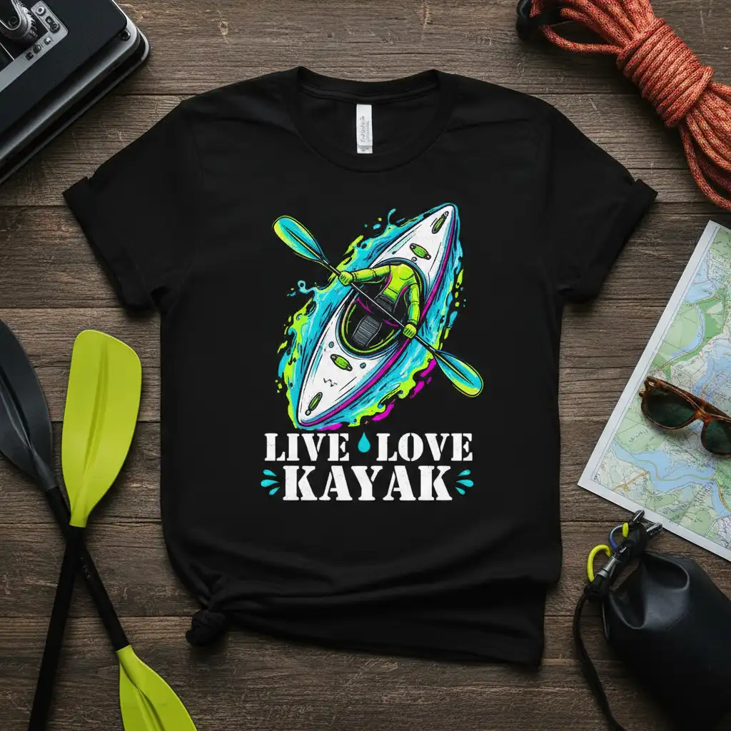 Live Love Kayak text graphic on a black t-shirt, featuring a kayaker in action and splash elements