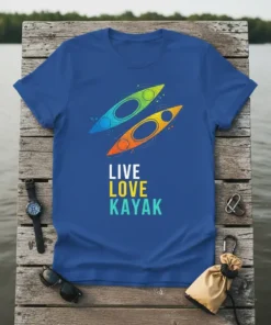 Live Love Kayak t-shirt design featuring two colorful kayaks and the text Live Love Kayak