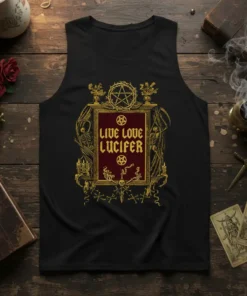 Black tank top with "Live Love Lucifer" text in gothic font, surrounded by occult symbols and skeleton graphics