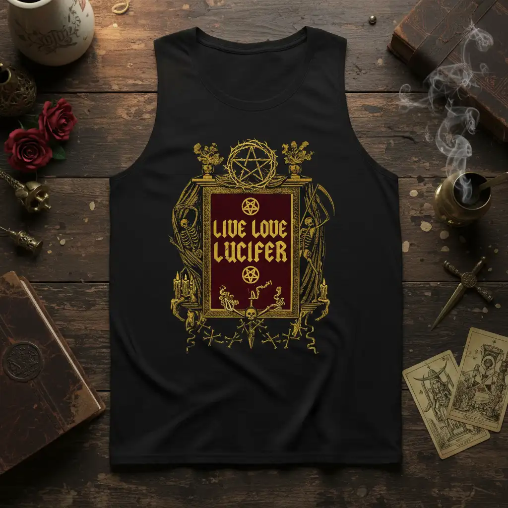 Live Love Lucifer text on black tank top with pentagram and occult symbols