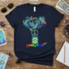 Live Love Signs gosighgo t-shirt design with a mosaic dove, peace sign, tie-dye cat, and rainbow tail