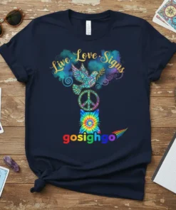 Live Love Signs gosighgo t-shirt design with a mosaic dove, peace sign, tie-dye cat, and rainbow tail