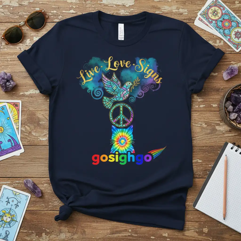 Live Love Signs gosighgo t-shirt featuring a mosaic dove, peace symbol, and tie-dye cat with rainbow accents