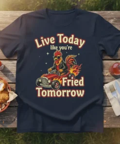 Live Today like you're Fried Tomorrow quote with a rooster in a hot rod on a navy t-shirt