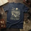 Live a little! quote t-shirt with knights on horses and donkeys in front of windmills under a moonlit sky