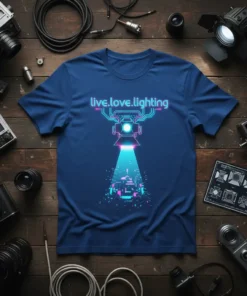 T-shirt with the text "live.love.lighting" and a graphic of a spotlight shining down, featuring neon colors