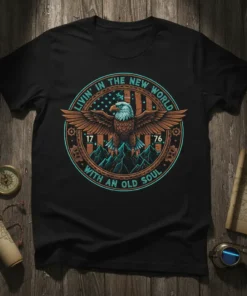 Livin' in the New World With an Old Soul T-Shirt featuring a vintage eagle graphic and patriotic elements