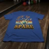 Livin' On Spare bowling quote t-shirt with retro sunset stripes and bowling ball striking pins