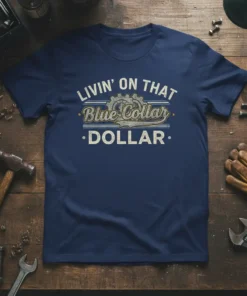 Livin' On That Blue Collar Dollar text with gear graphic on a navy blue t-shirt, representing blue collar pride