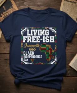 LIVING FREE-ISH Juneteenth 1865 text design featuring stylish typography on quality t-shirt