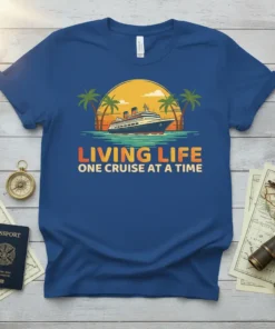 Blue t-shirt with "LIVING LIFE ONE CRUISE AT A TIME" text and a cruise ship sailing at sunset with palm