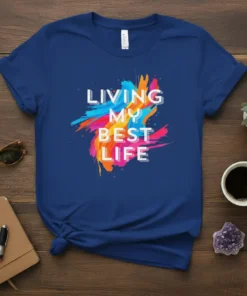 White text "LIVING MY BEST LIFE" over colorful abstract paint splatters on a blue t-shirt