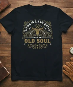 Living in a New World with an Old Soul t-shirt featuring a bull skull, guitars, and vintage ornate design