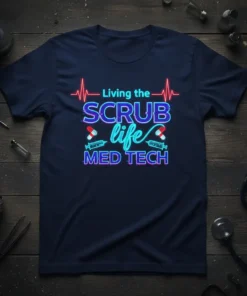 Living the SCRUB life MED TECH text with medical graphics on a navy blue t-shirt