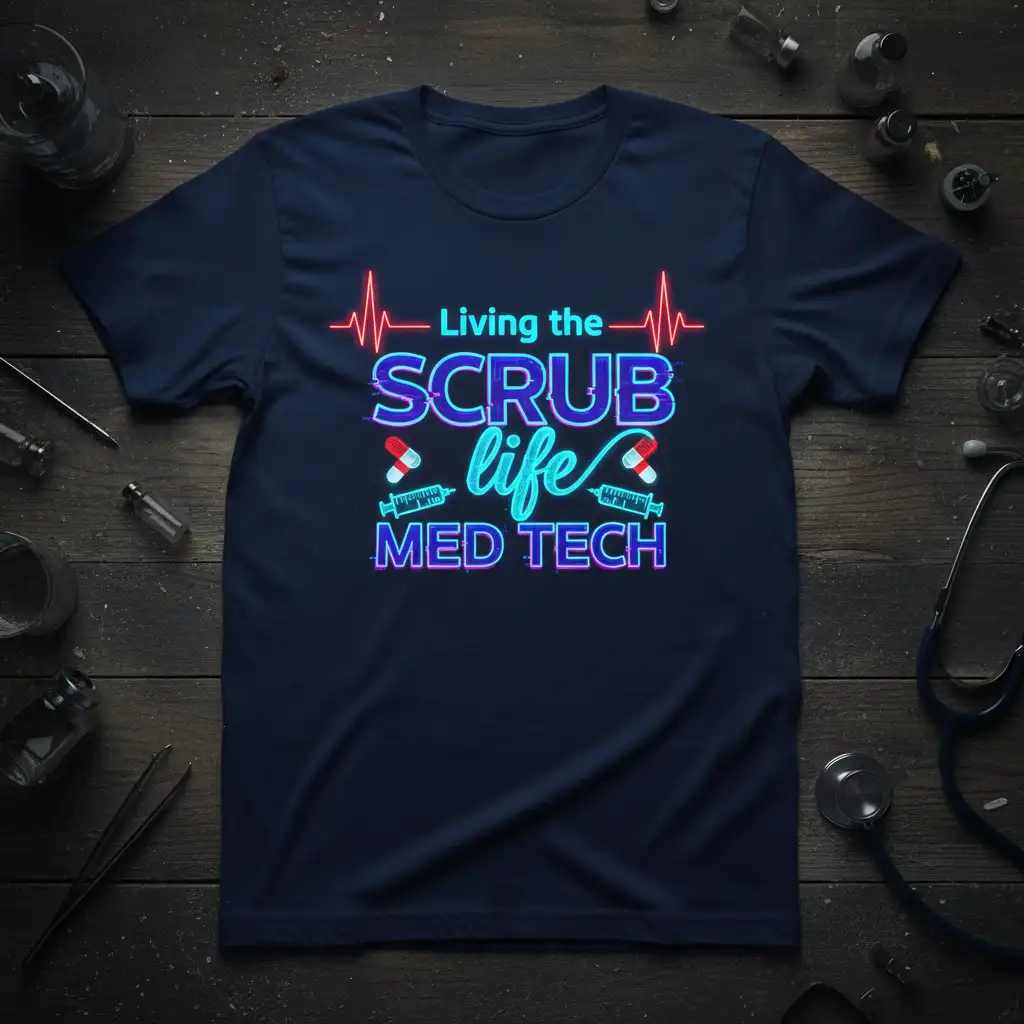 Living the SCRUB life MED TECH quote with neon glow and medical icons on a t-shirt