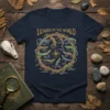 Circular diagram of various Lizards of the World with names, printed on a navy t-shirt