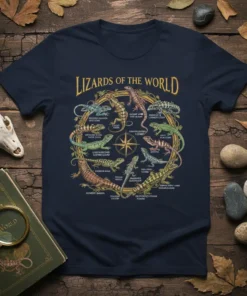 Circular diagram of various Lizards of the World with names, printed on a navy t-shirt