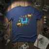 Blue t-shirt with 'LJ' in neon blue letters framed by golden robot hands graphic