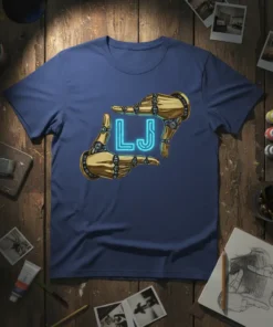 Blue t-shirt with 'LJ' in neon blue letters framed by golden robot hands graphic