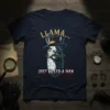 LLAMA... JUST KILLED A MAN text on a navy t-shirt with a llama wearing a fedora and mustache