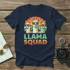 Llama Squad text with three llamas wearing sunglasses in a retro sunset design on a navy t-shirt