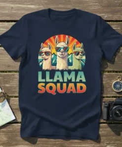 Llama Squad text with three llamas wearing sunglasses in a retro sunset design on a navy t-shirt