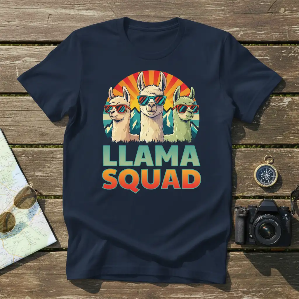 Retro LLAMA SQUAD text design featuring three cool llamas in sunglasses with a sunset graphic