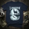 Llamageddon t-shirt design featuring a dramatic llama scene with a falling person and multiple llamas on a cliff edge under