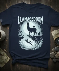 Llamageddon t-shirt design featuring a dramatic llama scene with a falling person and multiple llamas on a cliff edge under