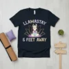 LLAMASTAY 6 FEET AWAY t-shirt with a meditating llama graphic and lotus flower design