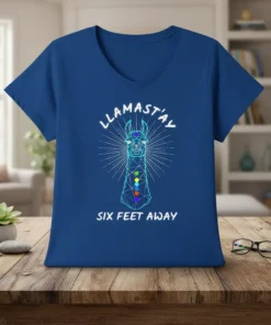 Llamast'ay Six Feet Away text with a geometric llama graphic featuring chakra colors on a blue v-neck t-shirt
