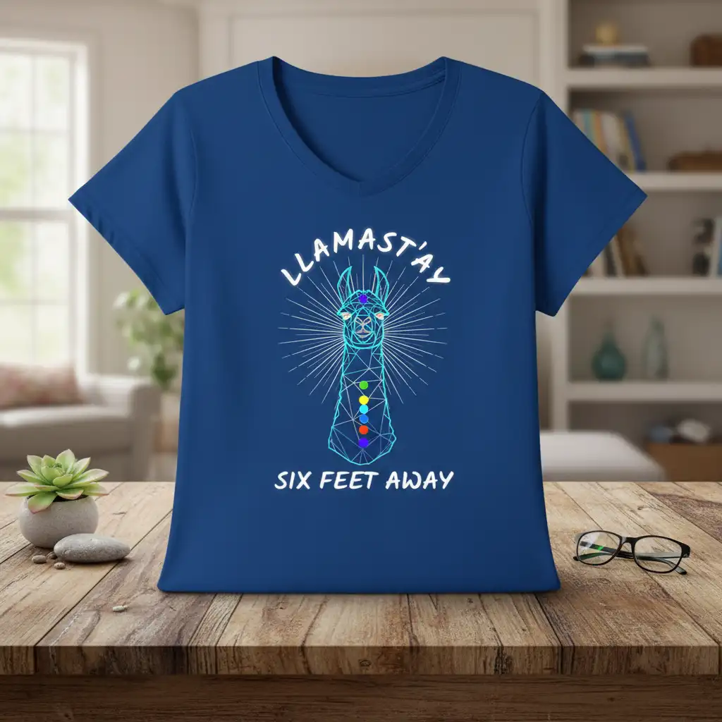 Llamast'ay Six Feet Away text with geometric llama and chakra dots on a royal blue t-shirt