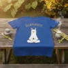 LLAMASTE text above a white llama meditating in a yoga pose on a blue t-shirt