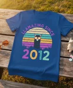 Llamazing Since 2012 retro t-shirt with a black llama wearing sunglasses and a colorful sunset graphic