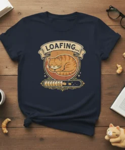 T-shirt design with "LOAFING..." text above a sleeping tabby cat within a circle and a loading bar graphic