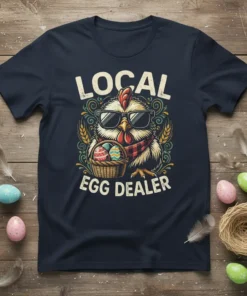 Local Egg Dealer T-Shirt with a cool chicken wearing sunglasses and holding a basket of Easter eggs