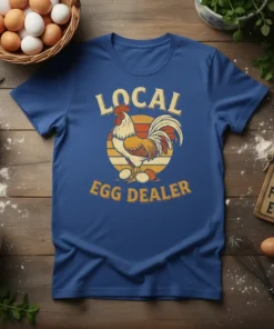 Local Egg Dealer T-Shirt with a vintage rooster graphic and farm fresh eggs