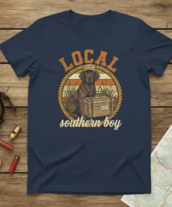 Local Southern Boy dog t-shirt featuring a labrador wearing a "Good Boy" hat and sitting by a cooler