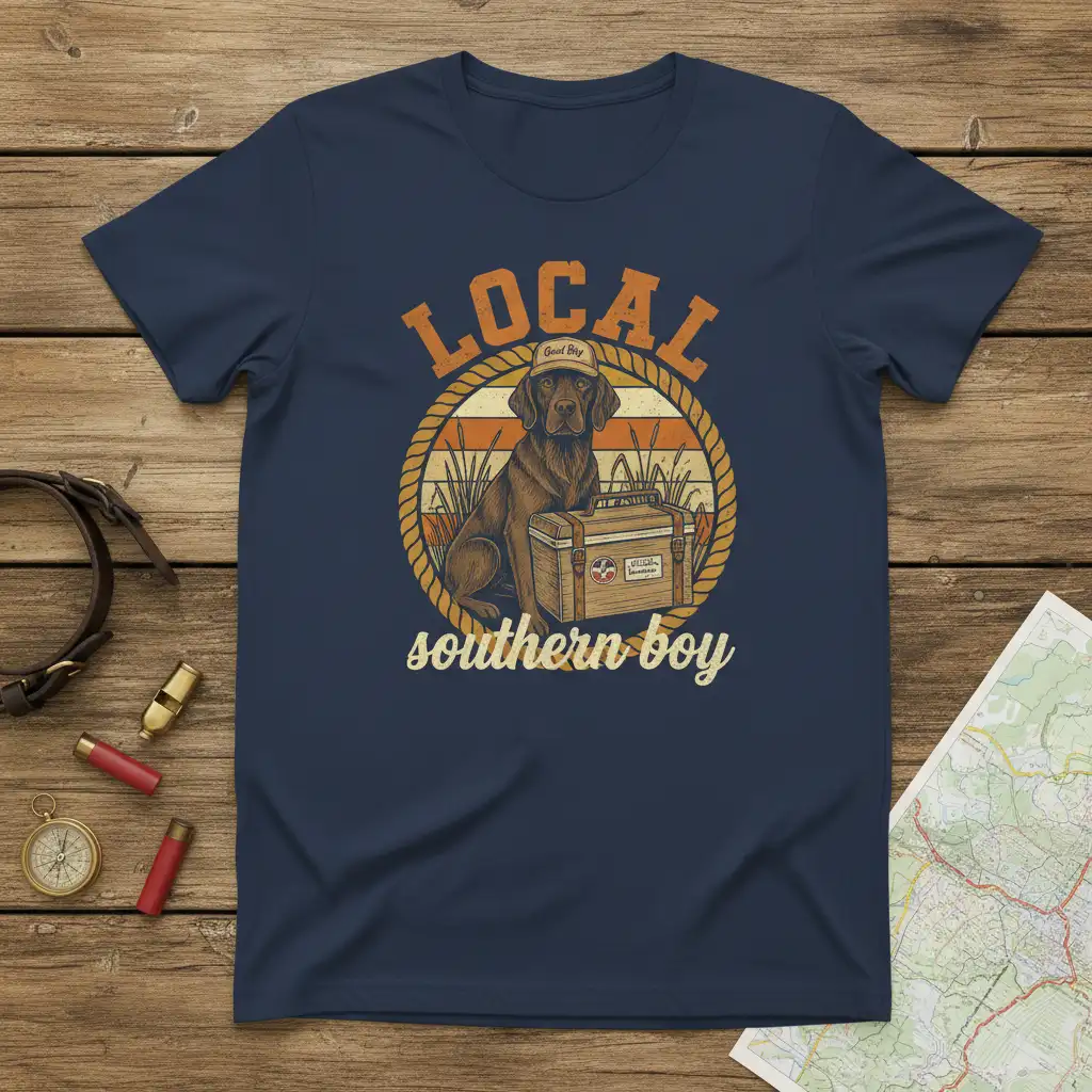 Local Southern Boy dog t-shirt design with labrador, cooler, and retro sunset graphic