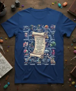 T-shirt featuring the Italian phrase L'Olerina Drakune Tubu Tubo with surrounding mythical creatures and characters