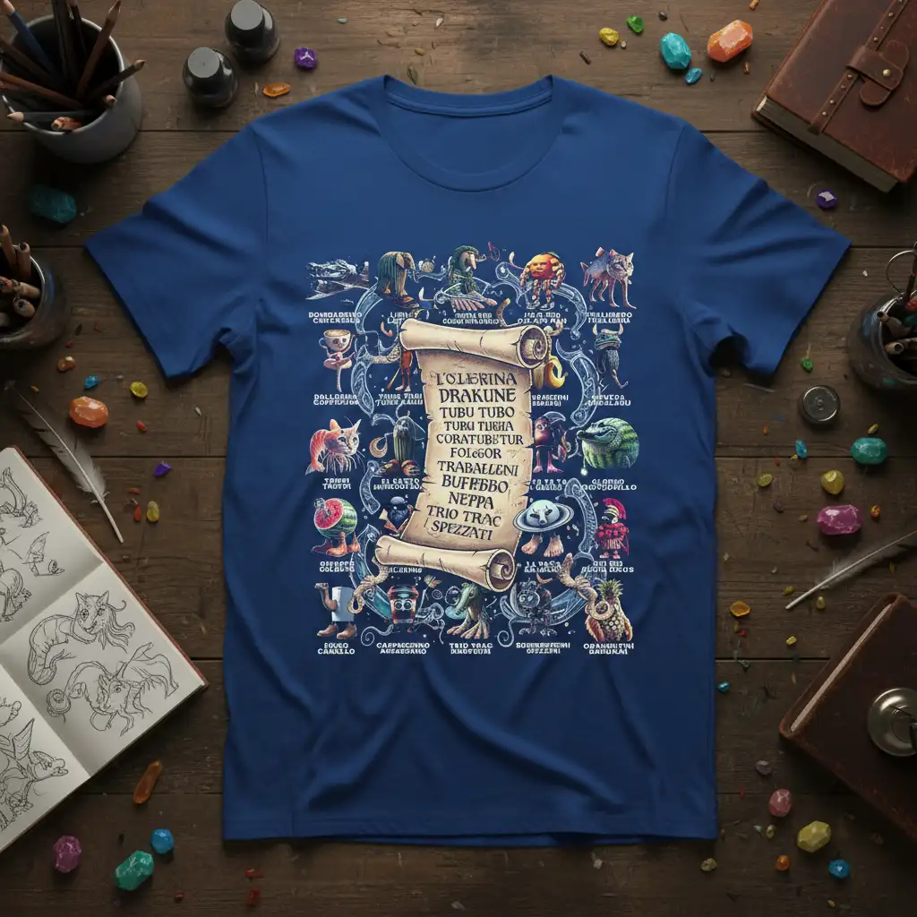 L'Olerina Drakune Tubu Tubo quote with surrounding fantasy creatures and characters on a navy blue t-shirt