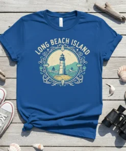 Long Beach Island T-Shirt with a vintage lighthouse design, sailboats, and compass rose graphic