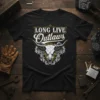 Long Live Outlaws t-shirt design with a distressed bull skull and wings graphic