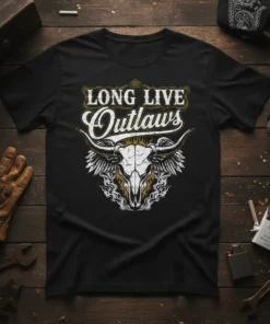 Long Live Outlaws t-shirt design with a distressed bull skull and wings graphic