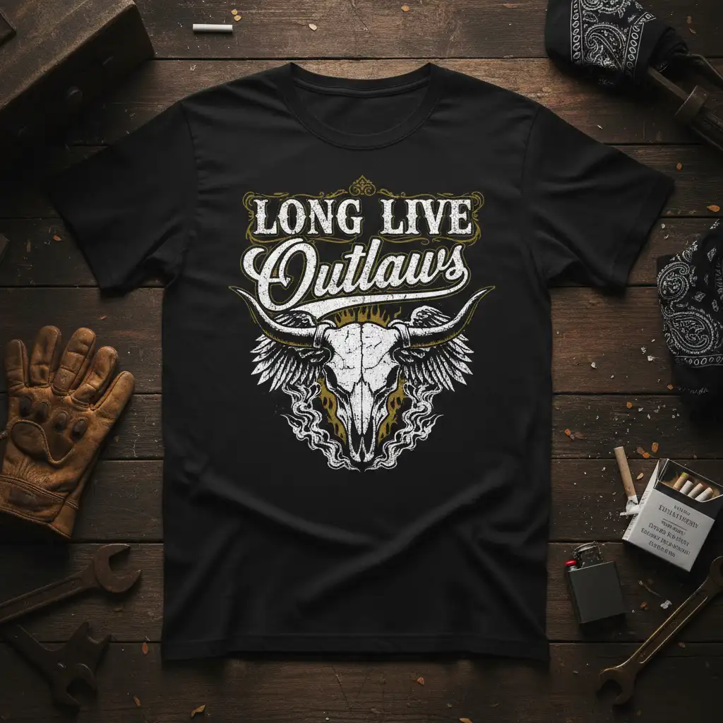 Long Live Outlaws text design with a distressed bull skull and wings graphic, perfect for biker apparel