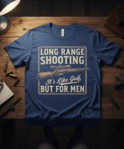 Long Range Shooting It's Like Golf But For Men t-shirt design featuring a rifle graphic and bold typography