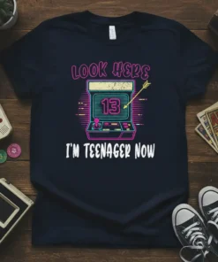 Retro arcade game design t-shirt with "Look Here 13 I'm Teenager Now" text, celebrating a 13th birthday
