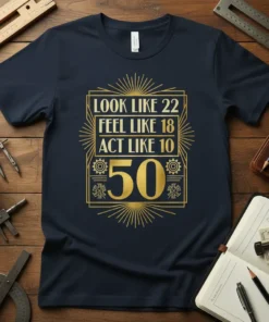Look Like 22 Feel Like 18 Act Like 10 50 graphic t-shirt in gold art deco design on navy blue